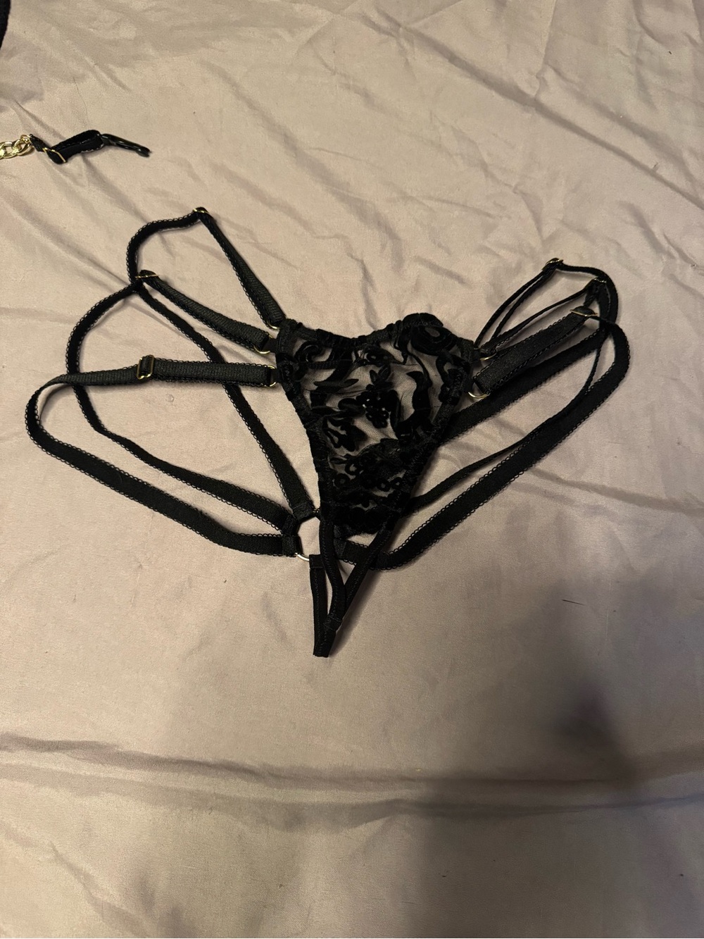 Malice Lingerie Black Feather & Lace Strappy Bralette with Gold Chain Accent - Picture 4 of 4